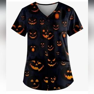🆕Pumpkin Print V-neck Scrub Top
